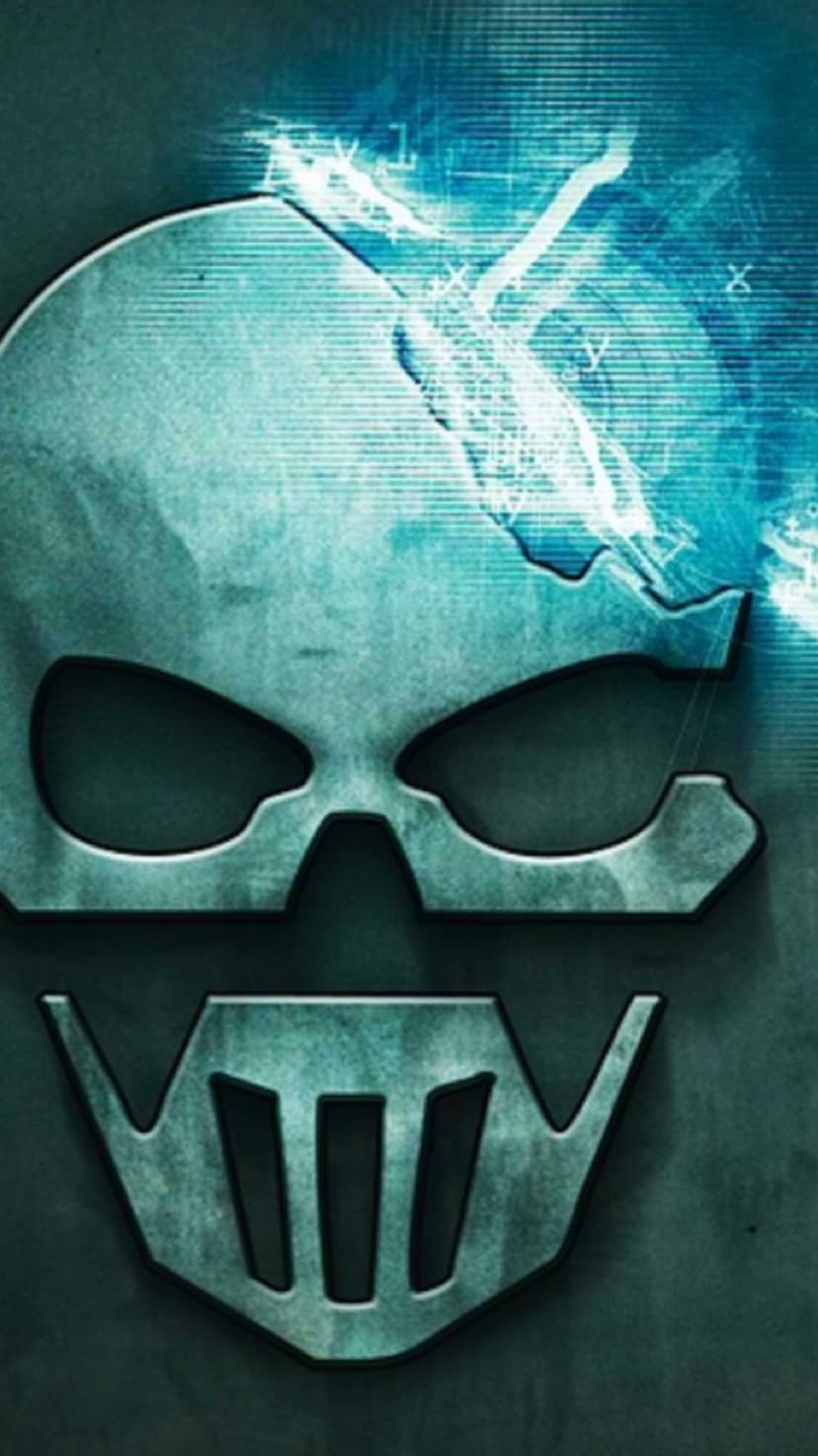 Metallic skull with glowing teal digital glitch effects and circuit board patterns on a dark background.