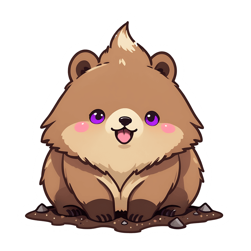 Brown bear sticker with purple eyes and pink cheeks sits on earthy ground with a white border outline.