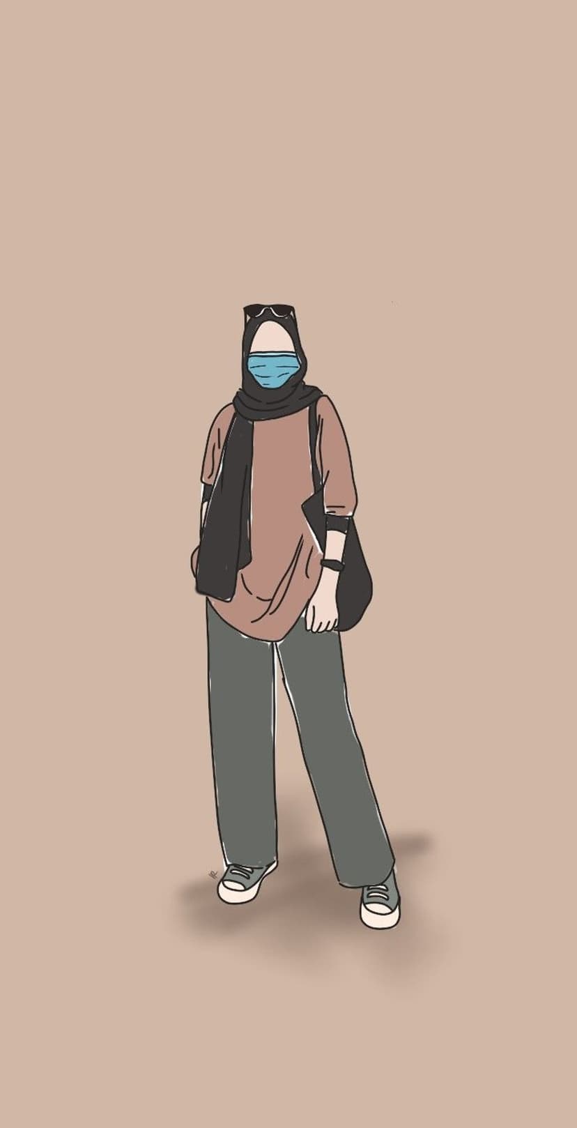 Muslim woman wearing a brown shirt, grey trousers, hijab, and face mask holding a tote bag on beige background.