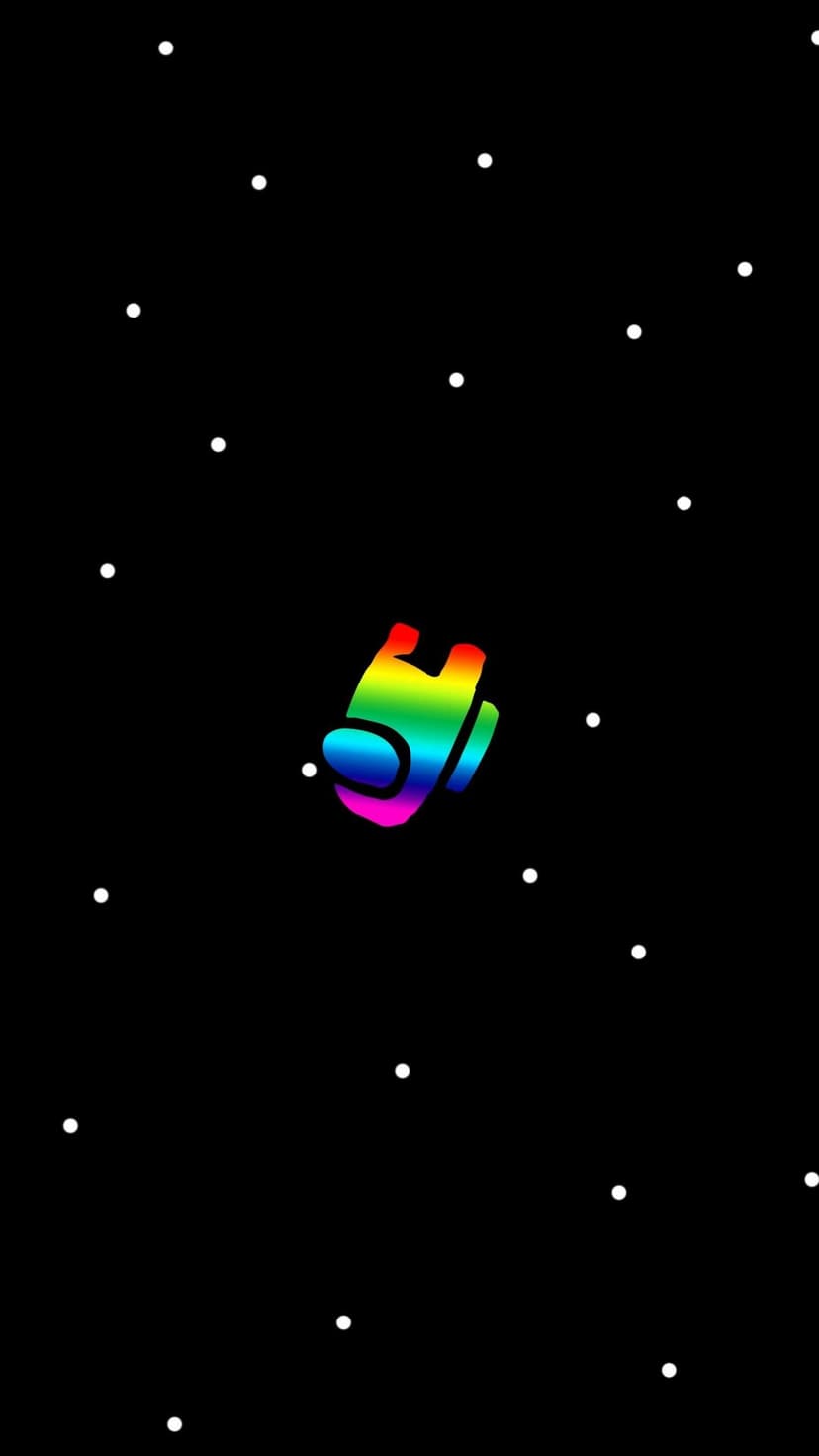 A rainbow gradient Among Us character floats in a black space filled with small white stars and dots.