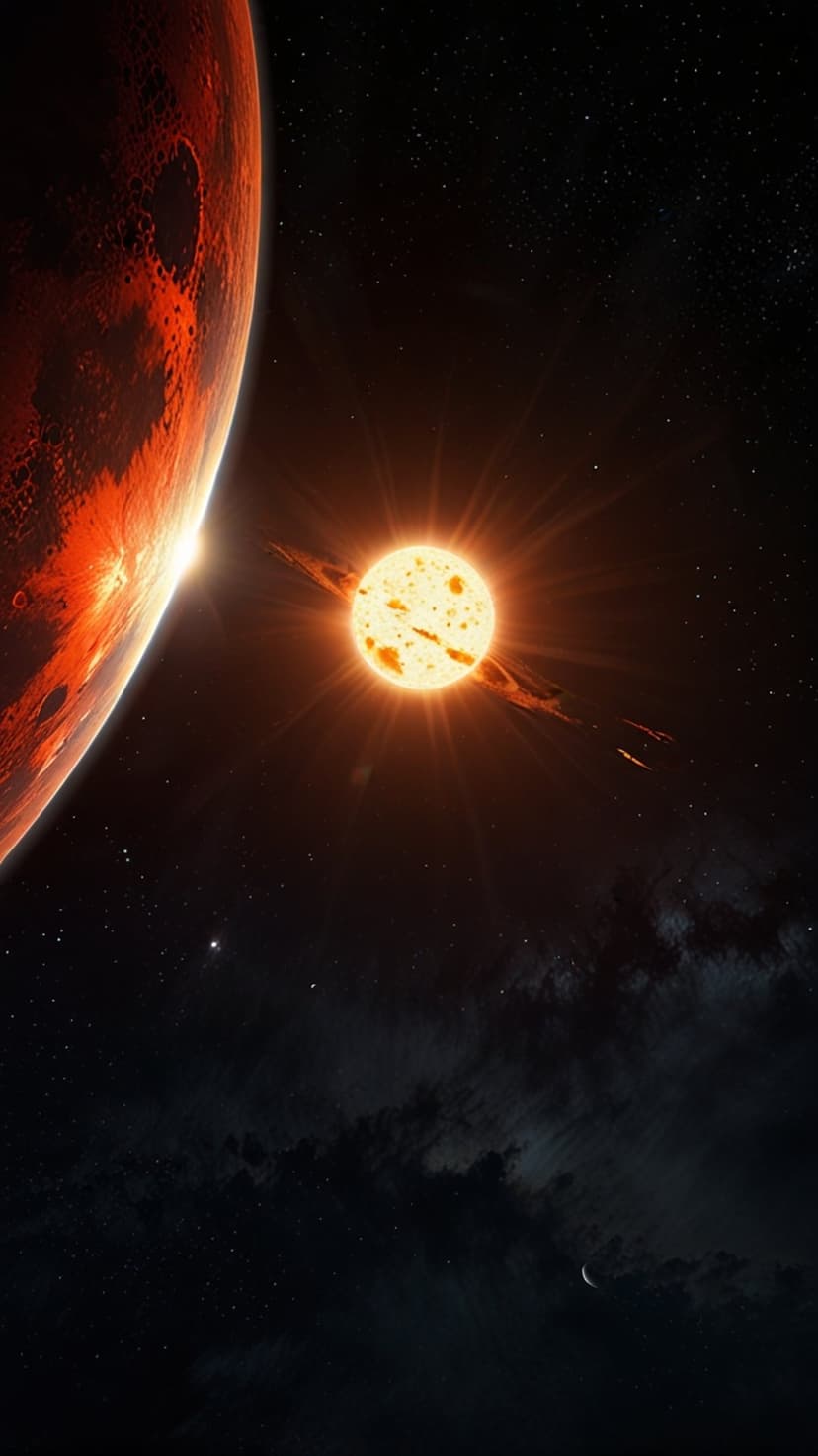 Fiery exoplanet eclipsing a radiant ringed star amidst a purple cosmic nebula with a distant crescent moon.