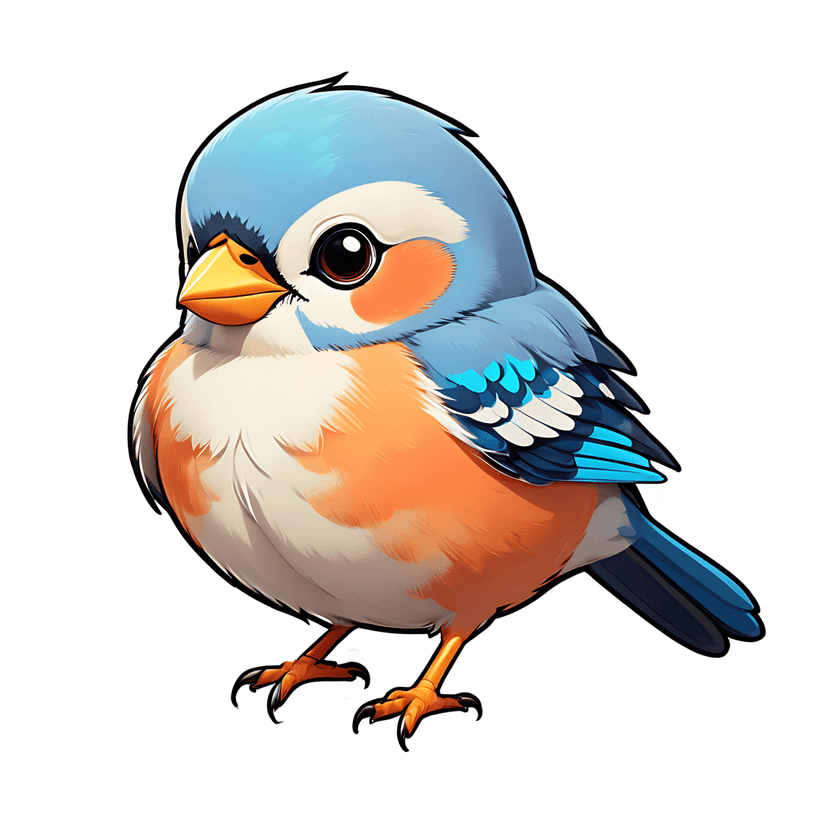 Blue orange bird sticker illustration featuring a front-facing character with a yellow beak and white border.