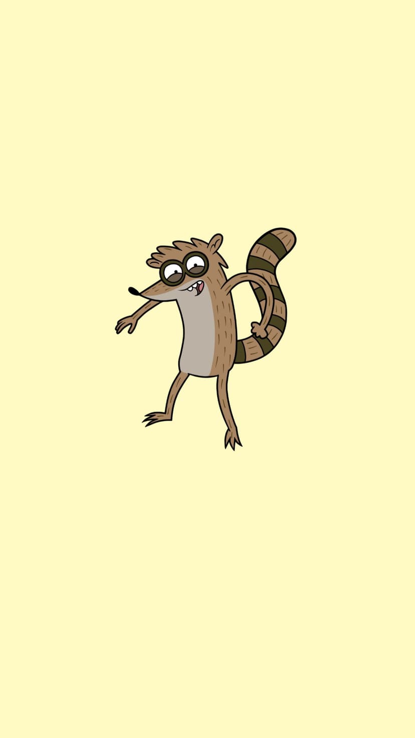 Rigby the raccoon wears flight goggles and strikes a dynamic pose against a solid light yellow background.