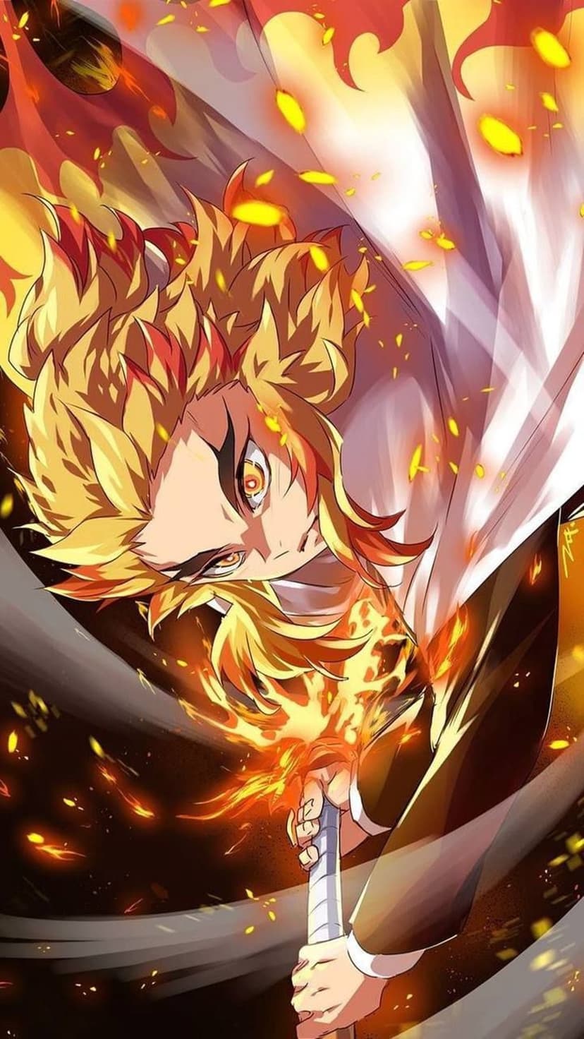 Fire-haired warrior holding a flaming katana surrounded by glowing orange embers in a vertical portrait view.