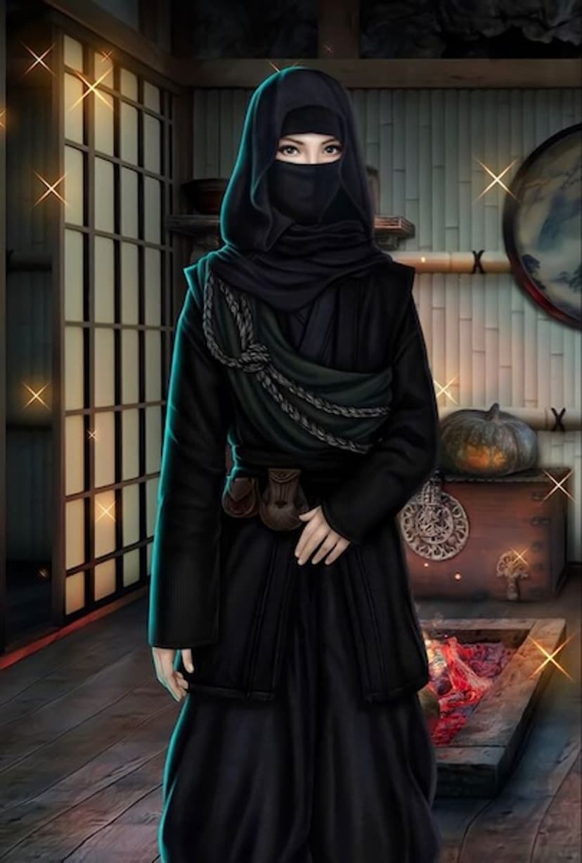 Ninja woman wearing a black hood and mask stands in a traditional Japanese room near glowing fireplace embers.