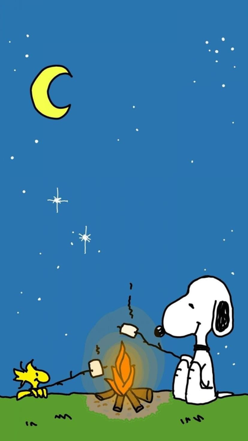 Snoopy and Woodstock sit by a crackling campfire under a yellow crescent moon and stars in a dark blue night sky.