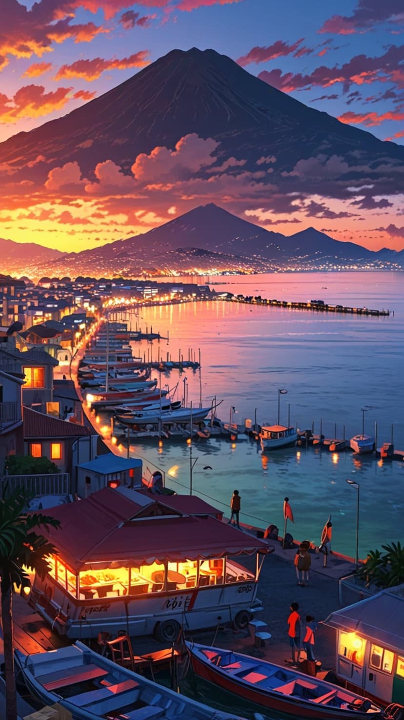 Coastal town and mountain peak reflected in harbor water beneath a vibrant orange and purple sunset at twilight.