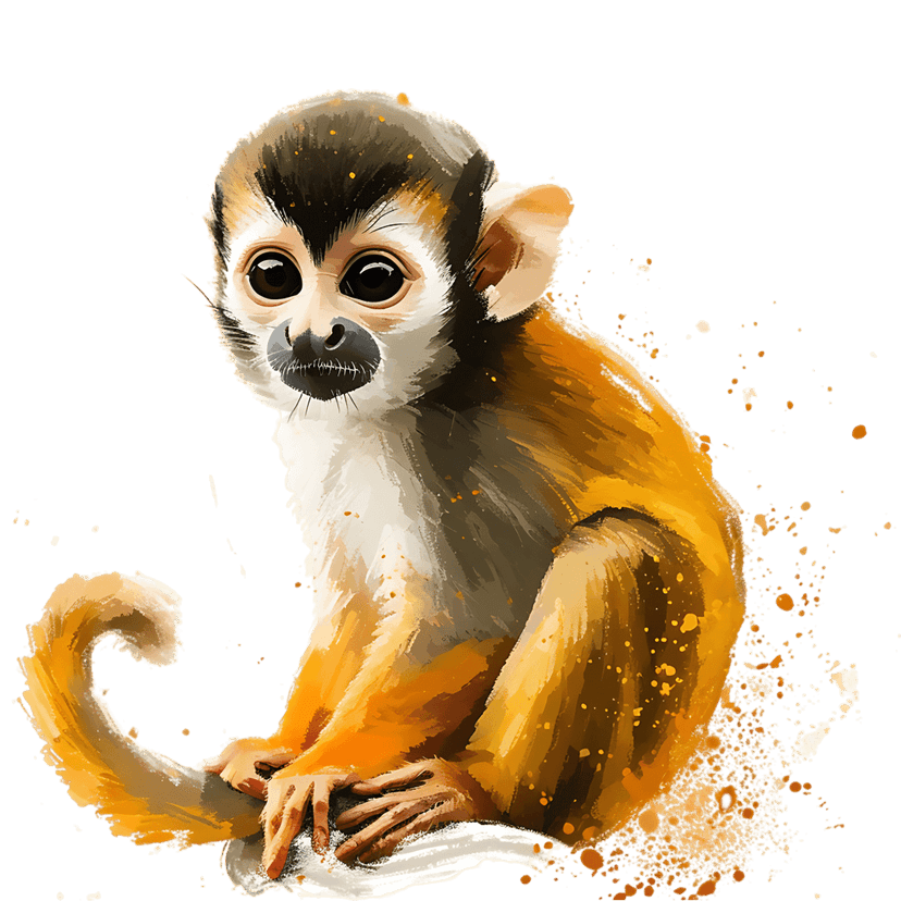 Squirrel monkey watercolor painting with vibrant orange and yellow splashes against a solid black background.