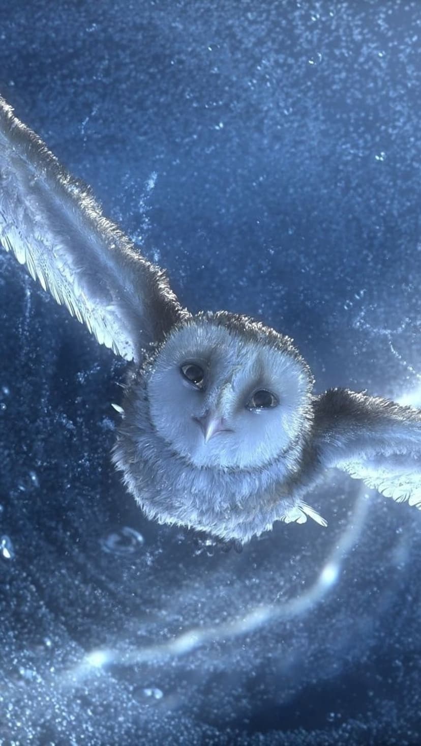 Barn owl with spread wings flies through a dark blue misty atmosphere filled with light streaks and small bubbles.