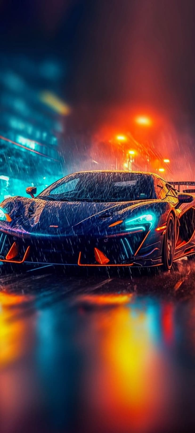 Dark sports car with blue neon outlines racing on a wet city street at night amidst glowing urban lights.