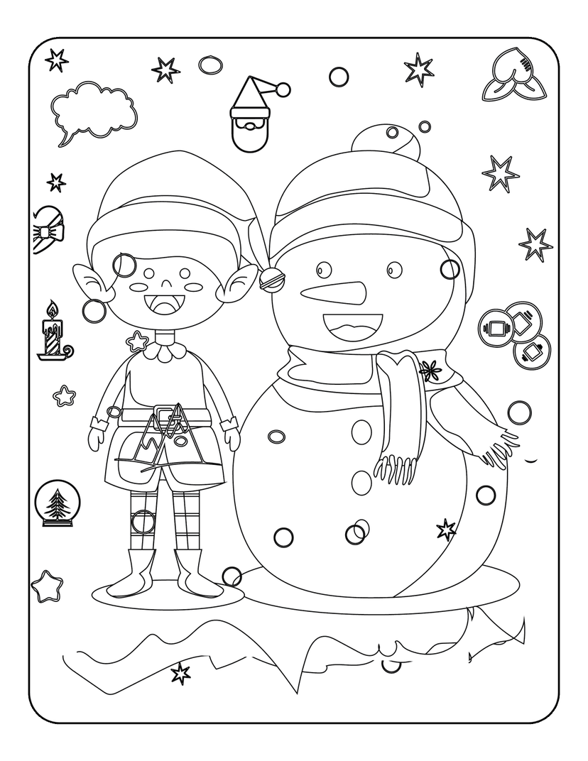 Christmas elf snowman coloring page featuring black line art stars, a snow globe, and festive holiday ornaments.