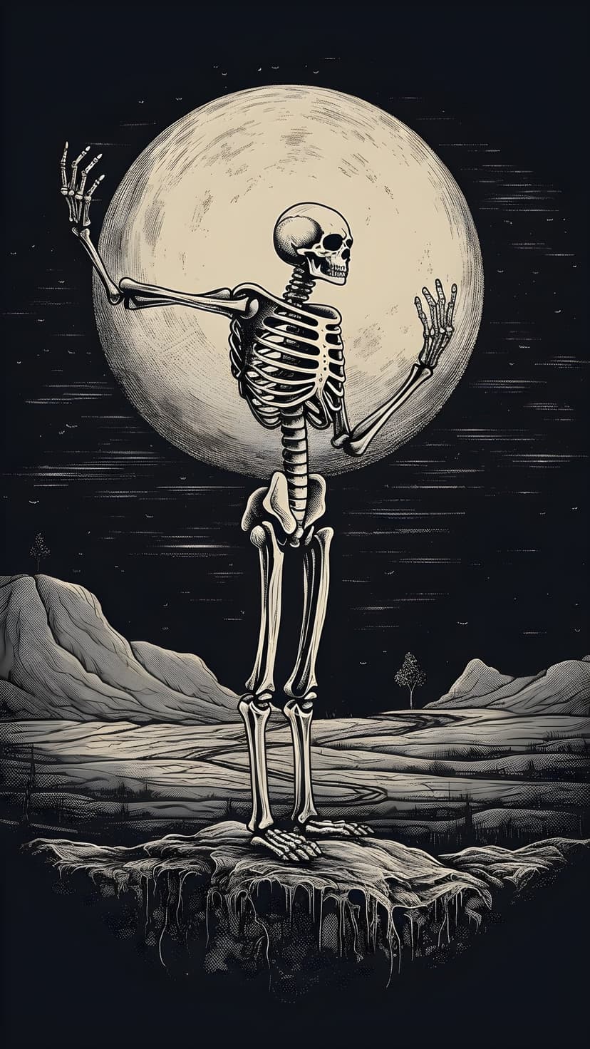 Skeleton dancing on a winding trail beneath a giant glowing moon and dark, desolate hills at night.