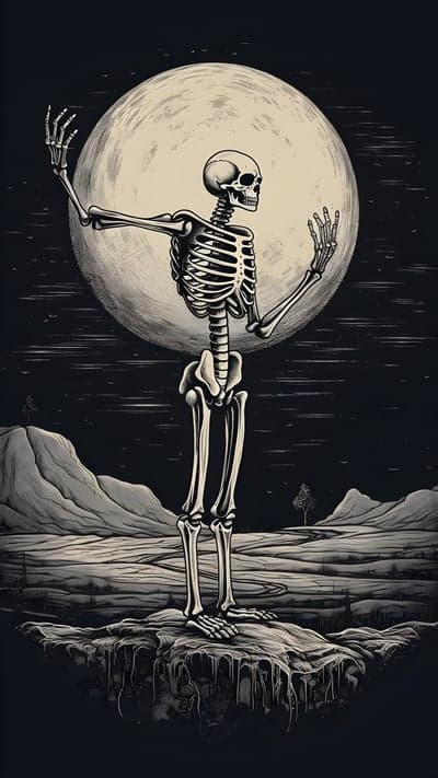 Eerie Skeleton Moonlit Path Dark Fantasy Phone Background