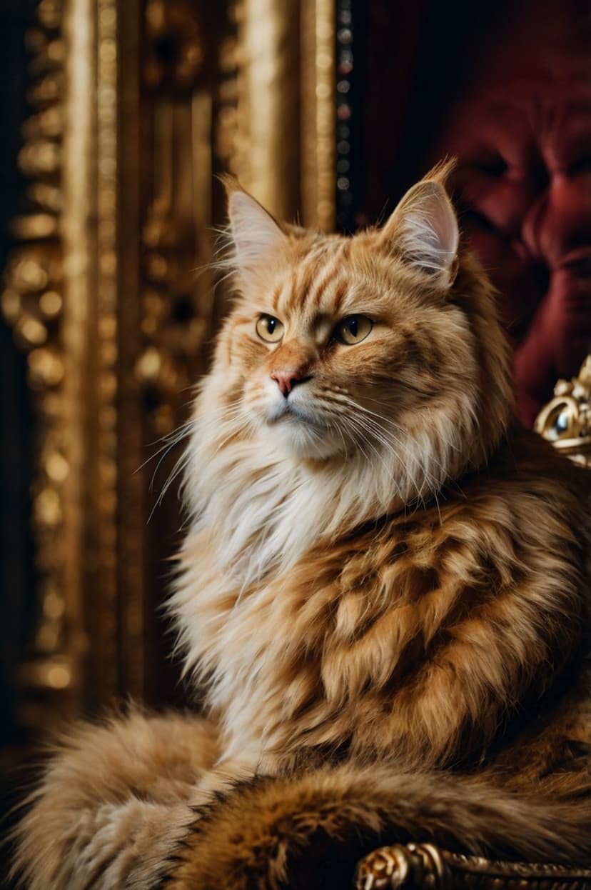 Orange Maine Coon cat with a fluffy mane sits on red velvet fabric in front of an ornate gold-trimmed background.