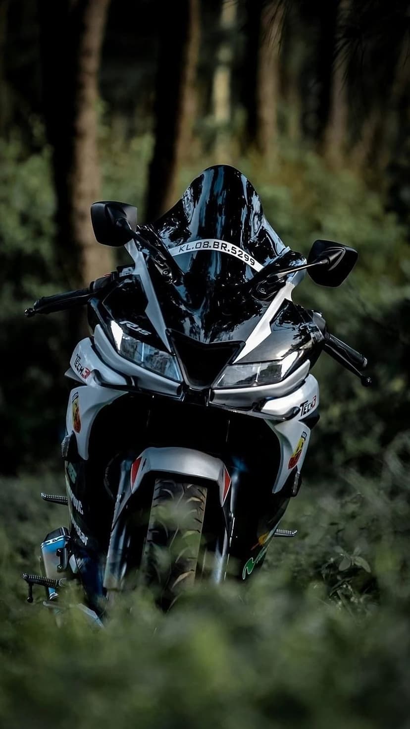 Yamaha R15 V3 motorcycle with twin headlights faces forward in a dense green forest with soft bokeh lighting.