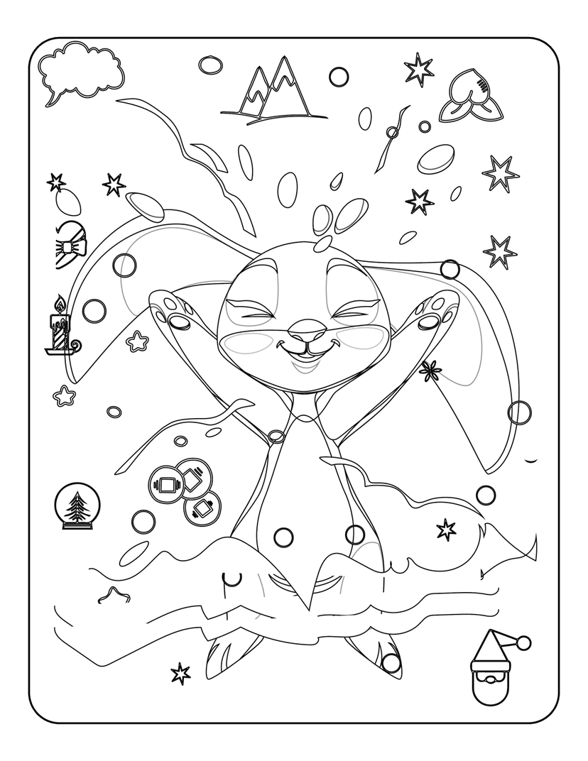 Rabbit line art coloring page featuring snowflakes, stars, and a Christmas snow globe in black and white.