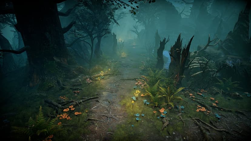 Misty dark forest path with glowing bioluminescent mushrooms, gnarled trees, and skeletal remains in teal fog.