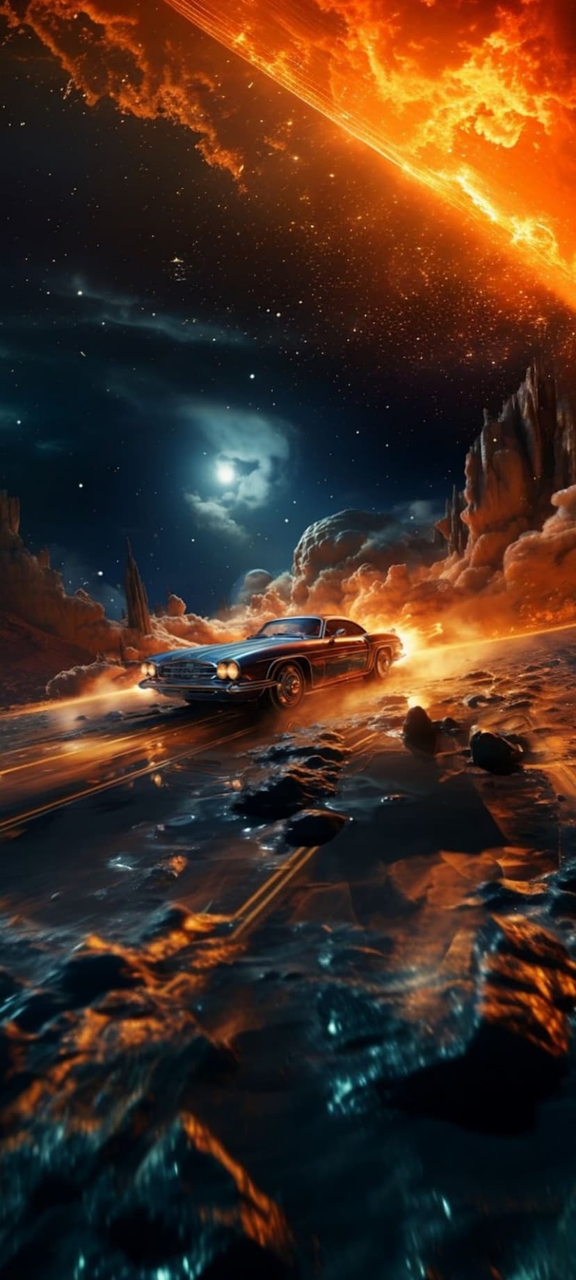 Classic muscle car driving on a mountain road beneath a massive glowing orange nebula and starry night sky.