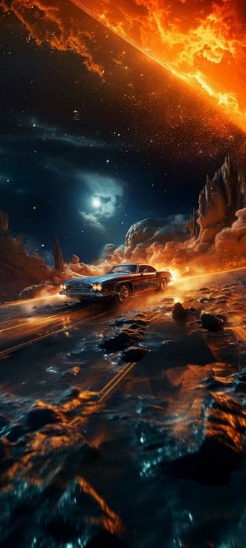 Vintage Car Drives Through Fiery Cosmic Landscape