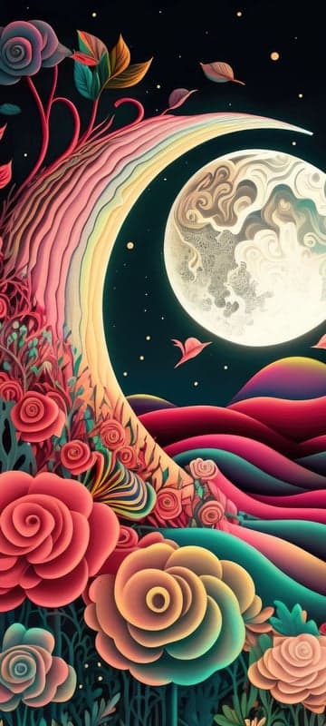 Whimsical Night Garden with Moon and Rainbow Arch