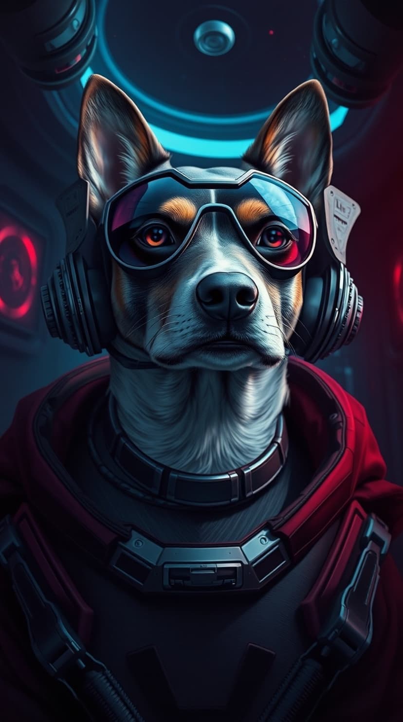 Dog wearing oversized headphones and glowing goggles is illuminated by red and blue neon light in a dark scene.