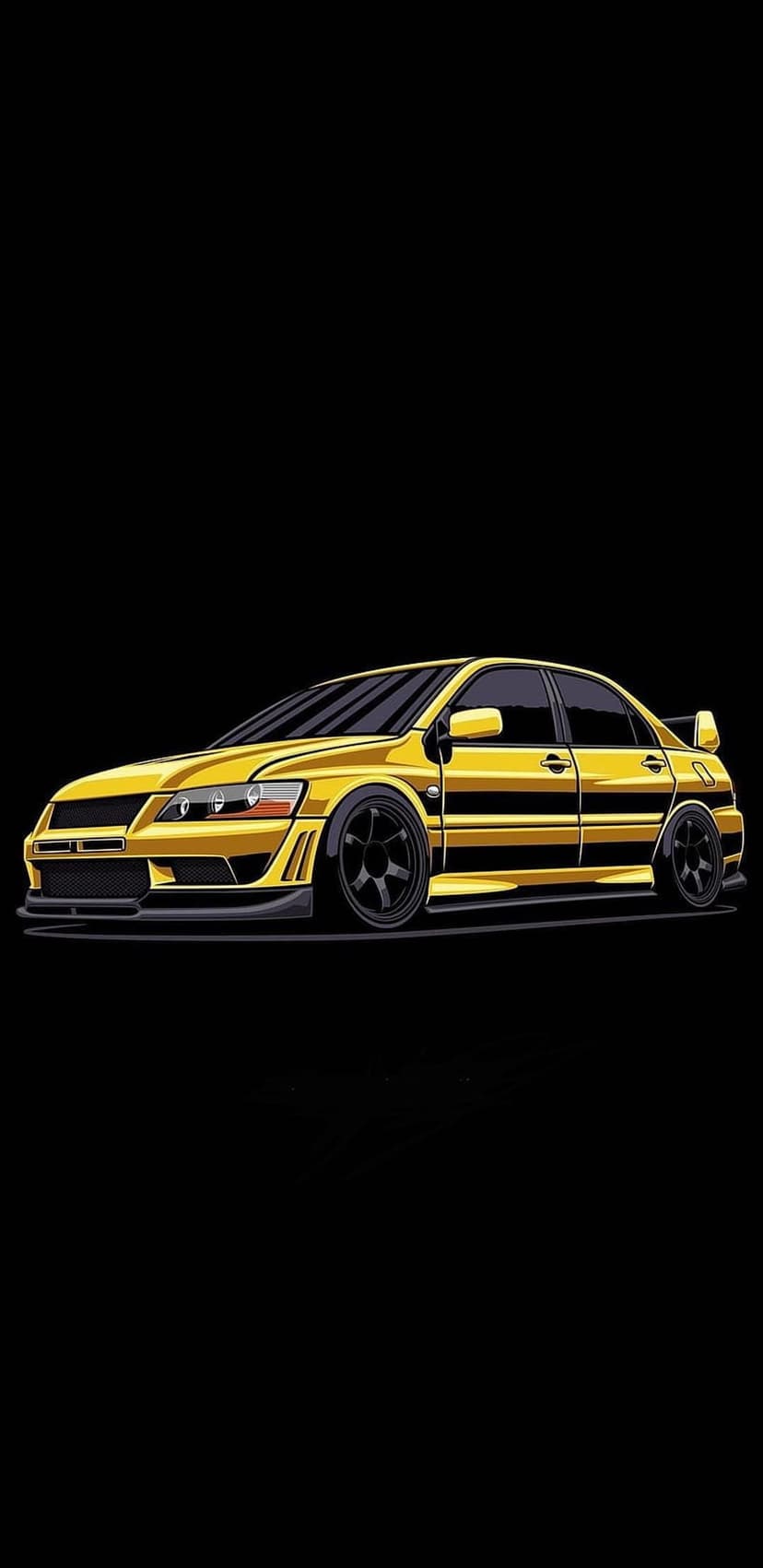 Yellow Mitsubishi Evo X sedan with black wheels and aggressive styling set against a dark, empty background.