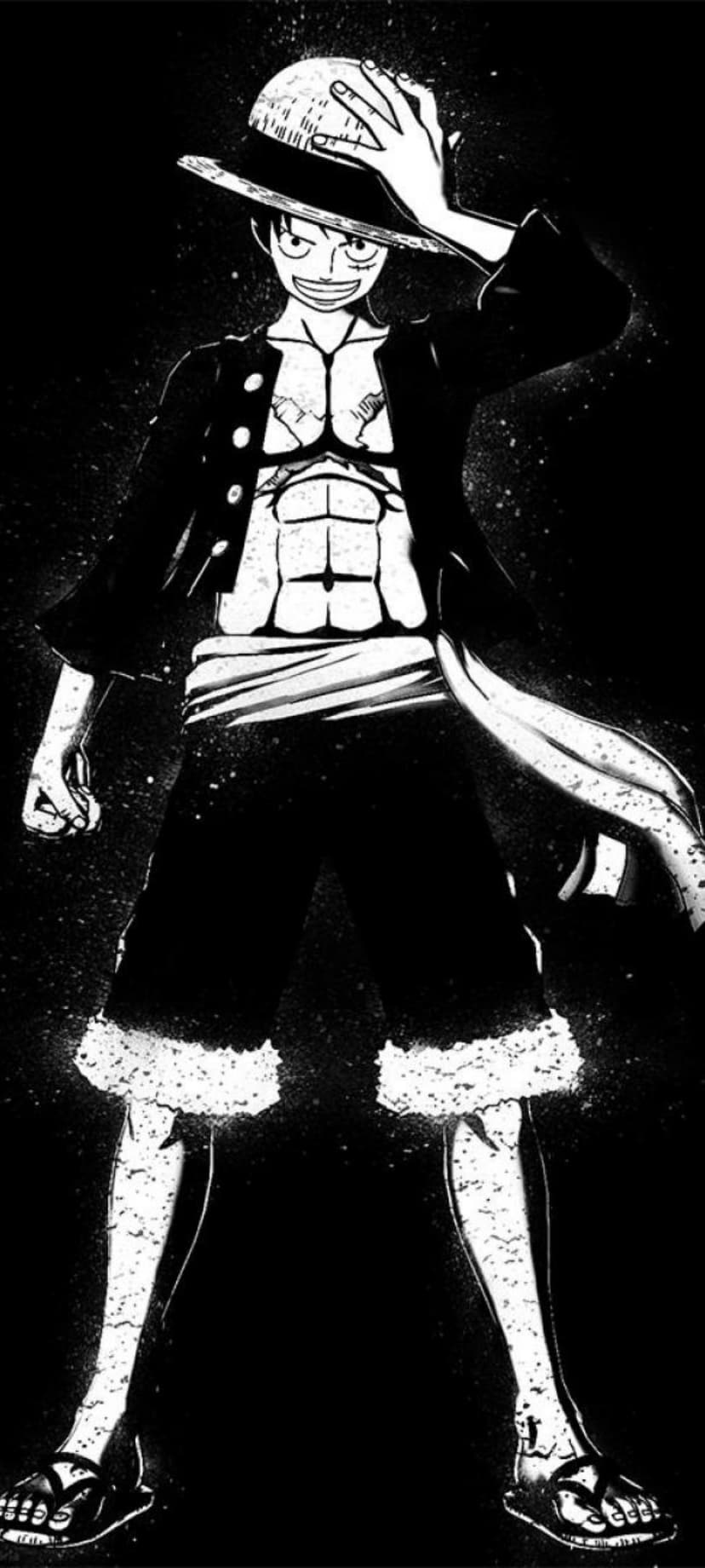 Monkey D. Luffy wears his straw hat while showing a muscular chest in a high-contrast monochrome scene.