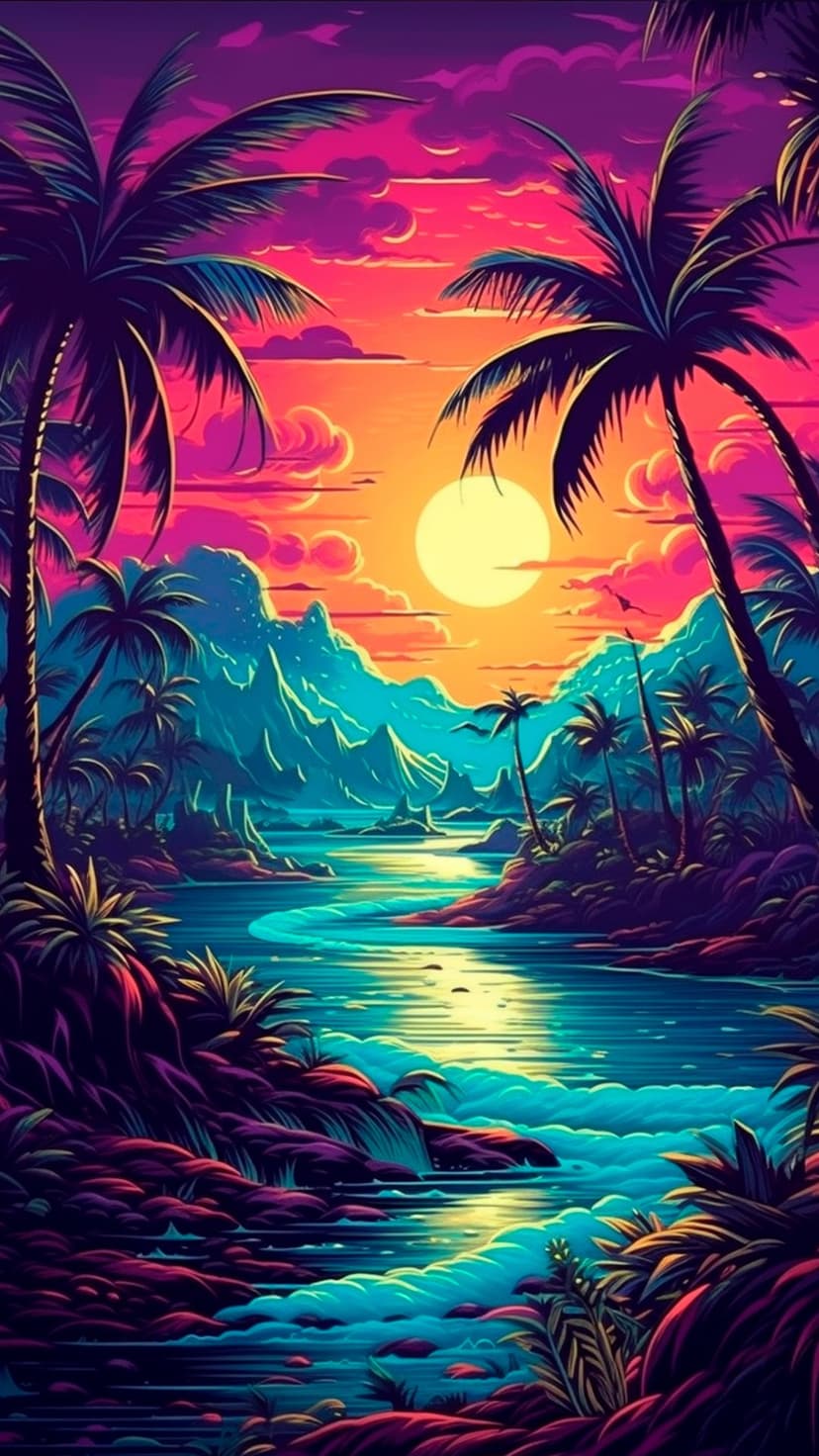 Palm trees frame a winding turquoise river reflecting a fiery orange and magenta sunset sky at dusk.