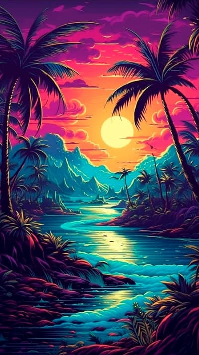 Vibrant Tropical Sunset River with Palm Trees