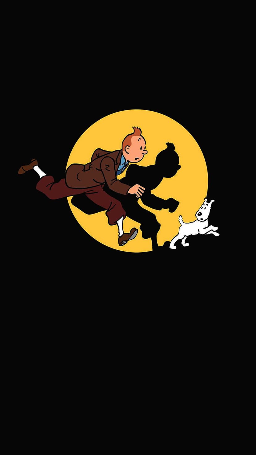 Tintin and Snowy run mid-stride in front of a yellow circle, casting a dark shadow on a black backdrop.
