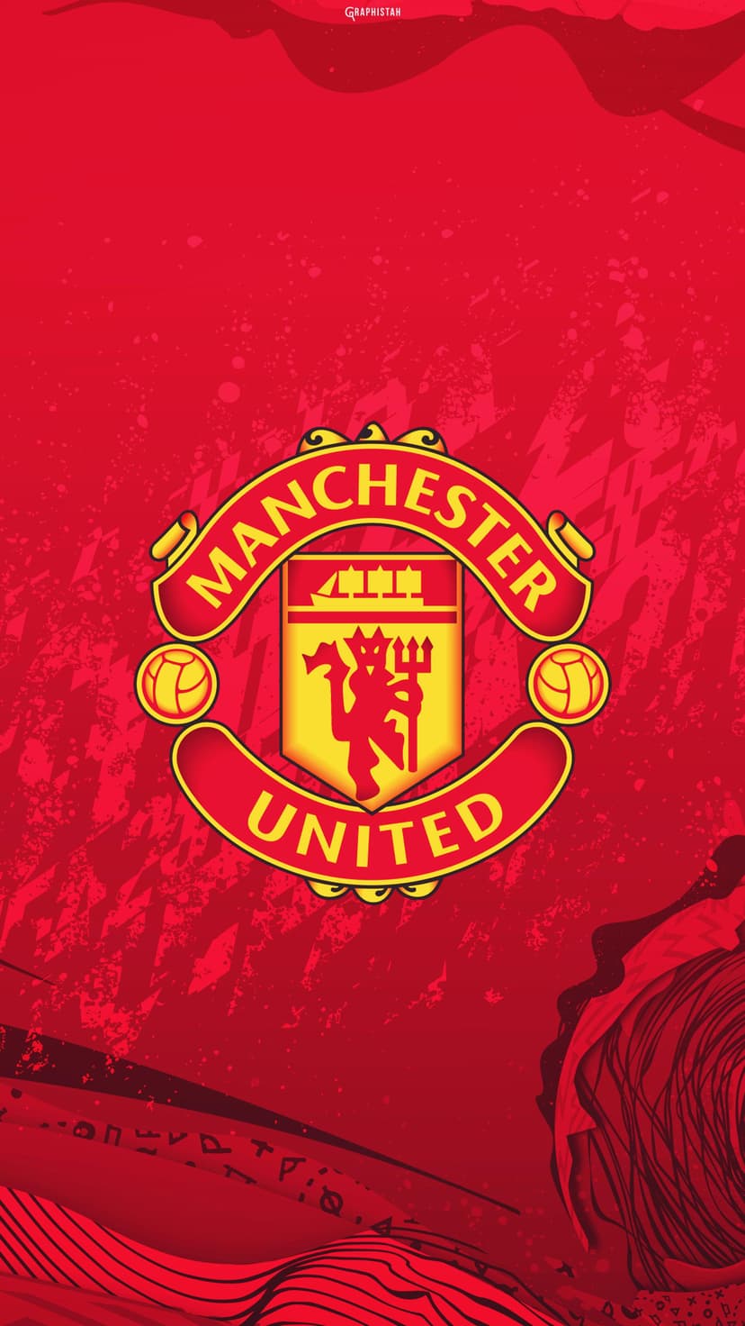 Manchester United football crest centered on a textured red background with abstract geometric shapes and lines.