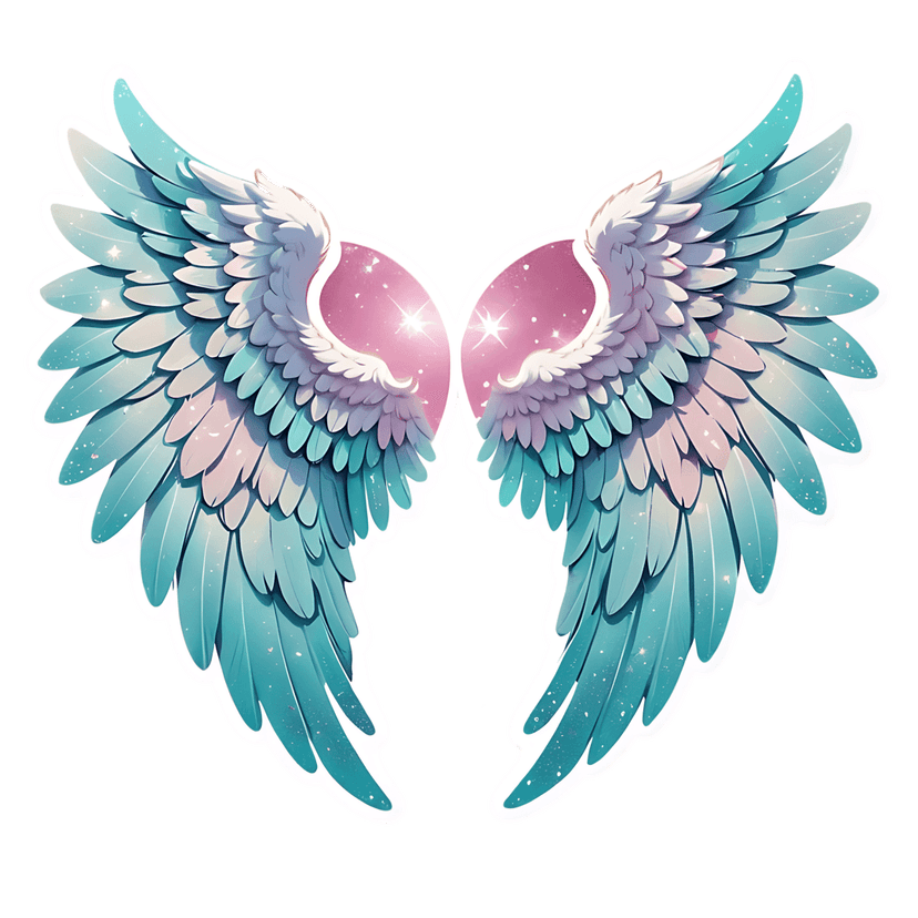 Symmetrical teal angel wings sticker features a vibrant blue gradient, purple light center, and star accents.