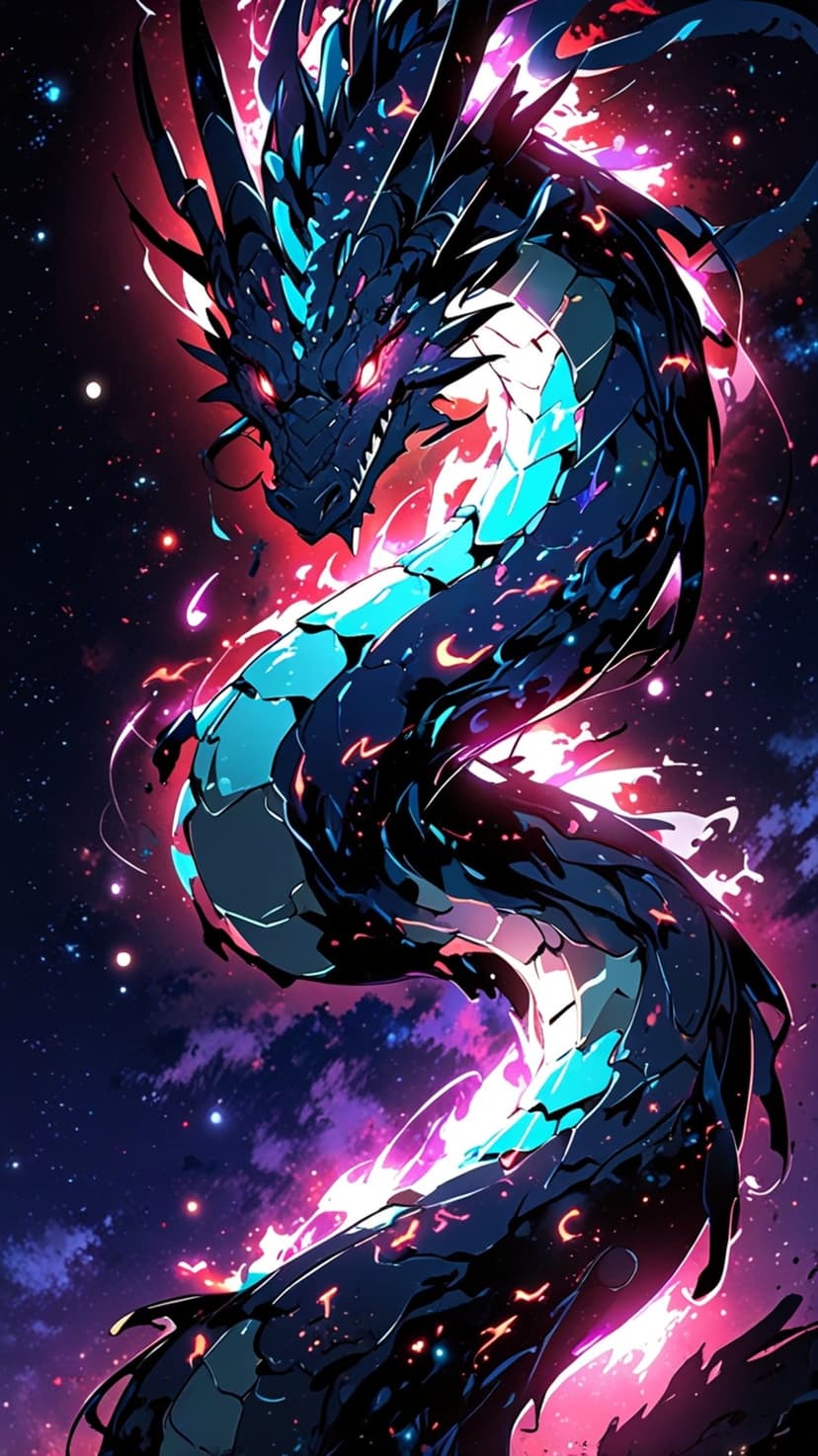 Serpentine dragon with turquoise accents and red eyes coiled amidst a swirling pink and purple starry nebula.