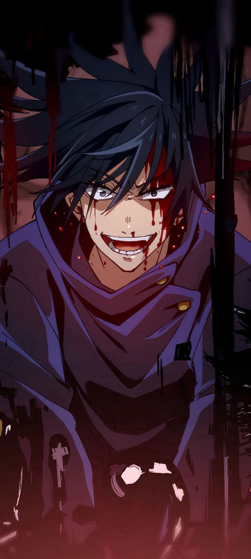 Dark-haired anime character with a manic grin and blood splatters on their face against an ominous black background.