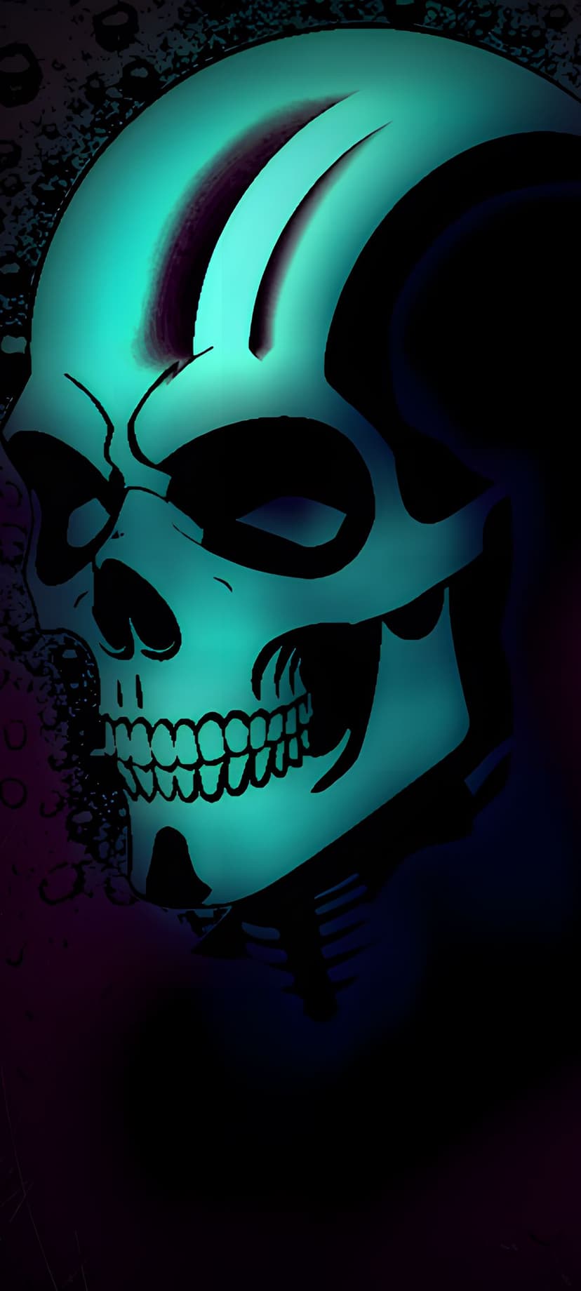 Human skull glowing with neon teal light against a black textured backdrop, featuring sharp teeth and dark sockets.
