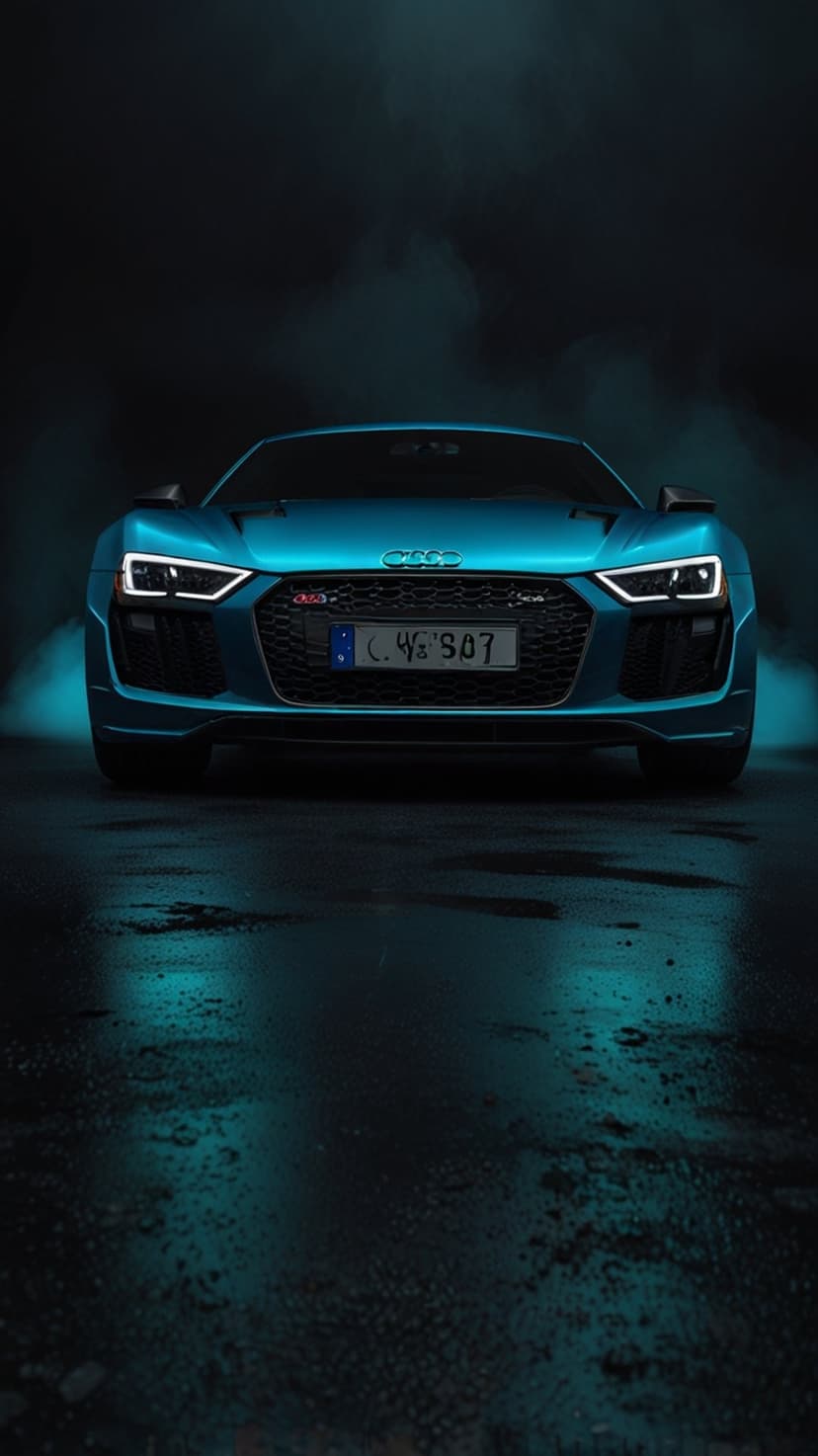Blue Audi R8 supercar on wet asphalt at night with glowing teal headlights and thick white fog around the tires.