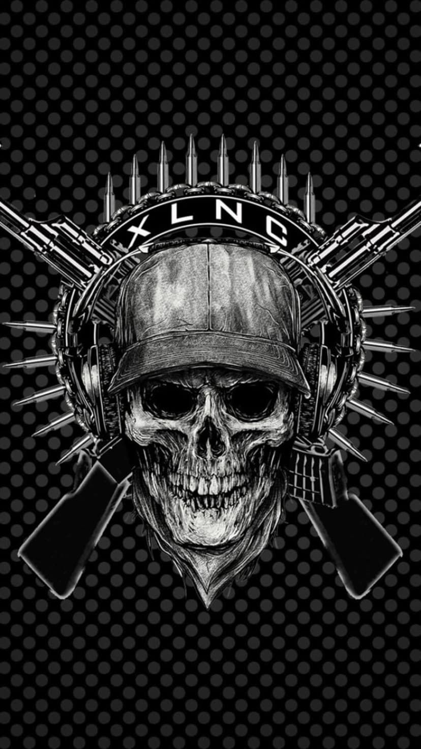 Skull wearing a baseball cap and headphones centered between two rifles and scattered ammunition in black and white.
