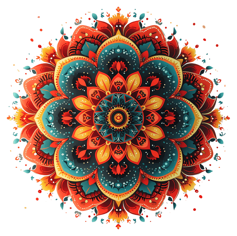 Mandala geometric pattern featuring multi-colored radial symmetry and intricate circular layers on transparent background.