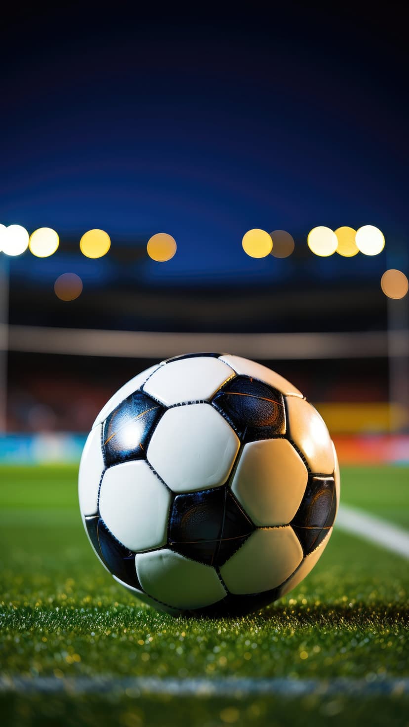 Soccer ball on green grass at night with glowing stadium light bokeh circles in the dark blue sky background.