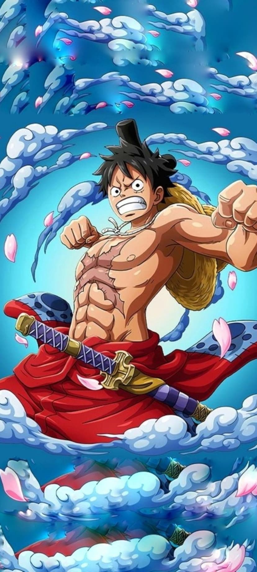 Monkey D. Luffy in Gear 5 form wears a Wano kimono while surrounded by floating pink petals and white smoke.