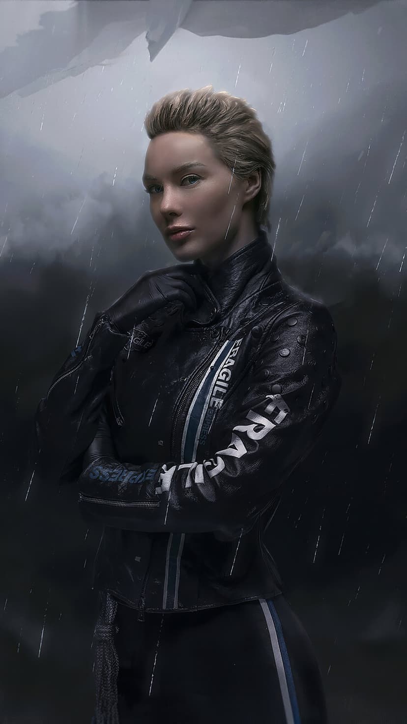 Fragile from Death Stranding in a black leather jacket standing in falling rain against a dark moody sky.