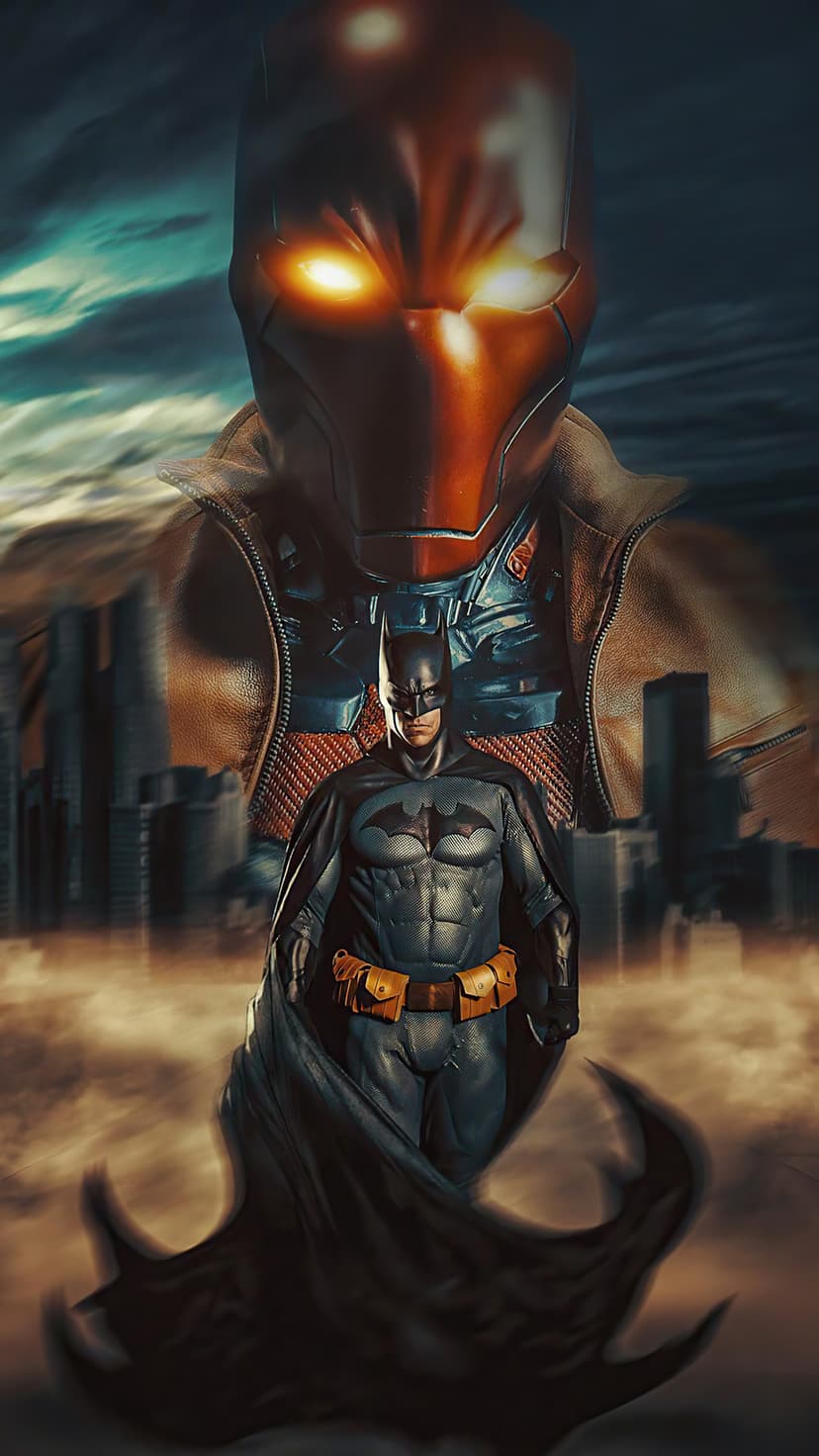 Batman stands in the foreground with Red Hood’s large mask looming in the cloudy Gotham City sky behind him.
