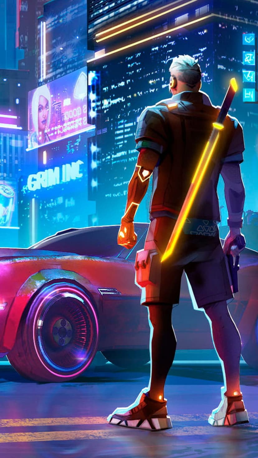 Cyberpunk warrior holds a glowing yellow sword in a neon-lit futuristic city with tall digital buildings.