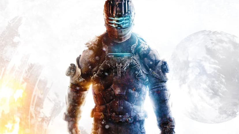 Sci-fi soldier in heavy armor with glowing blue visor standing in a bright snowy environment with a distant moon.