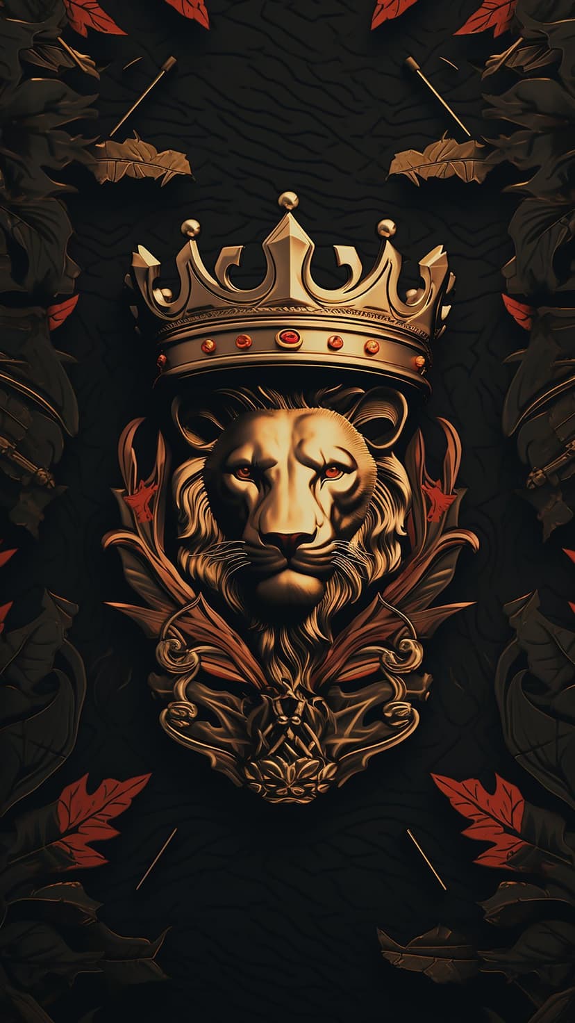 Golden lion head wearing a jeweled crown surrounded by red maple leaves and dark foliage on a textured background.