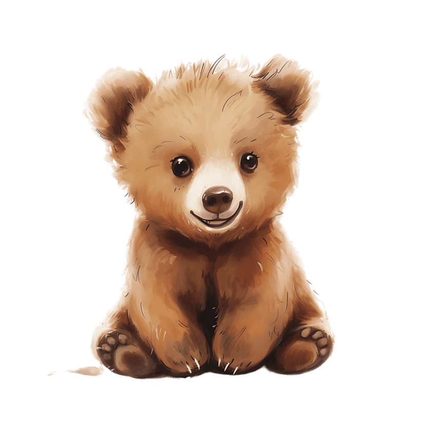 Baby bear watercolor illustration shows a small brown cub sitting upright with a soft furry coat and smile.