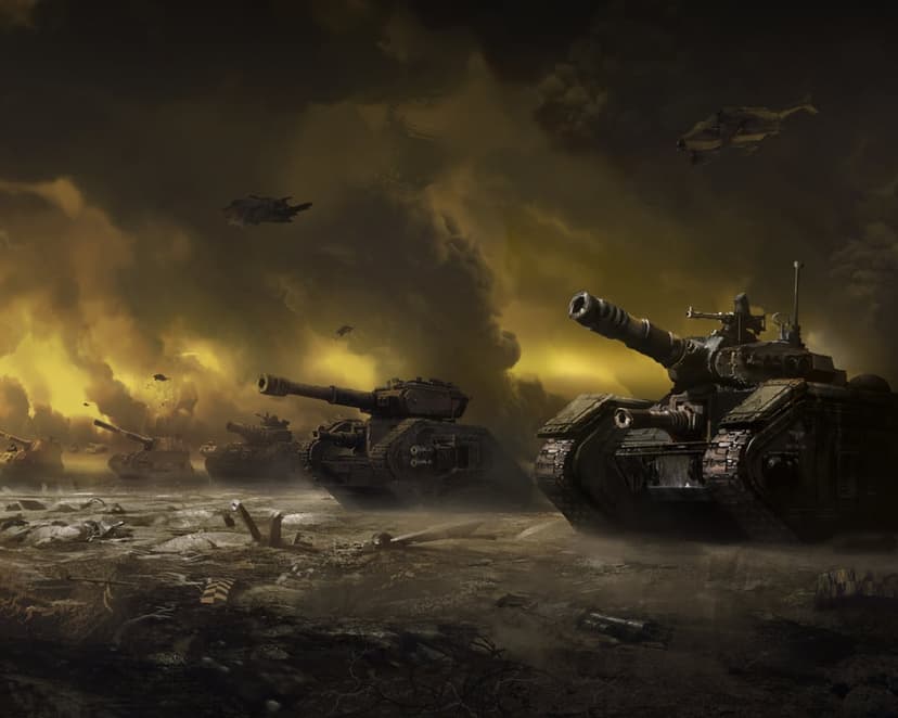 Heavy battle tanks advance across a cratered wasteland under a thick, dark yellow smoky sky with distant flyers.