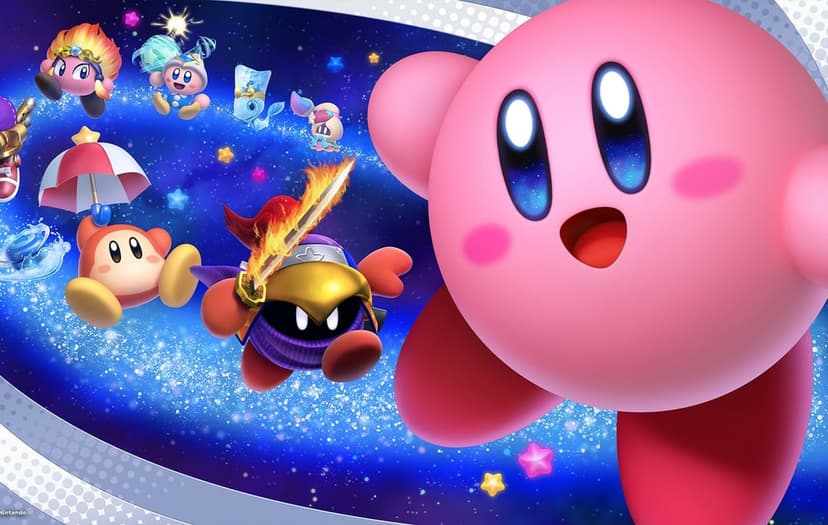 Kirby and friends float in a starry blue space nebula with Meta Knight and various copy ability forms.