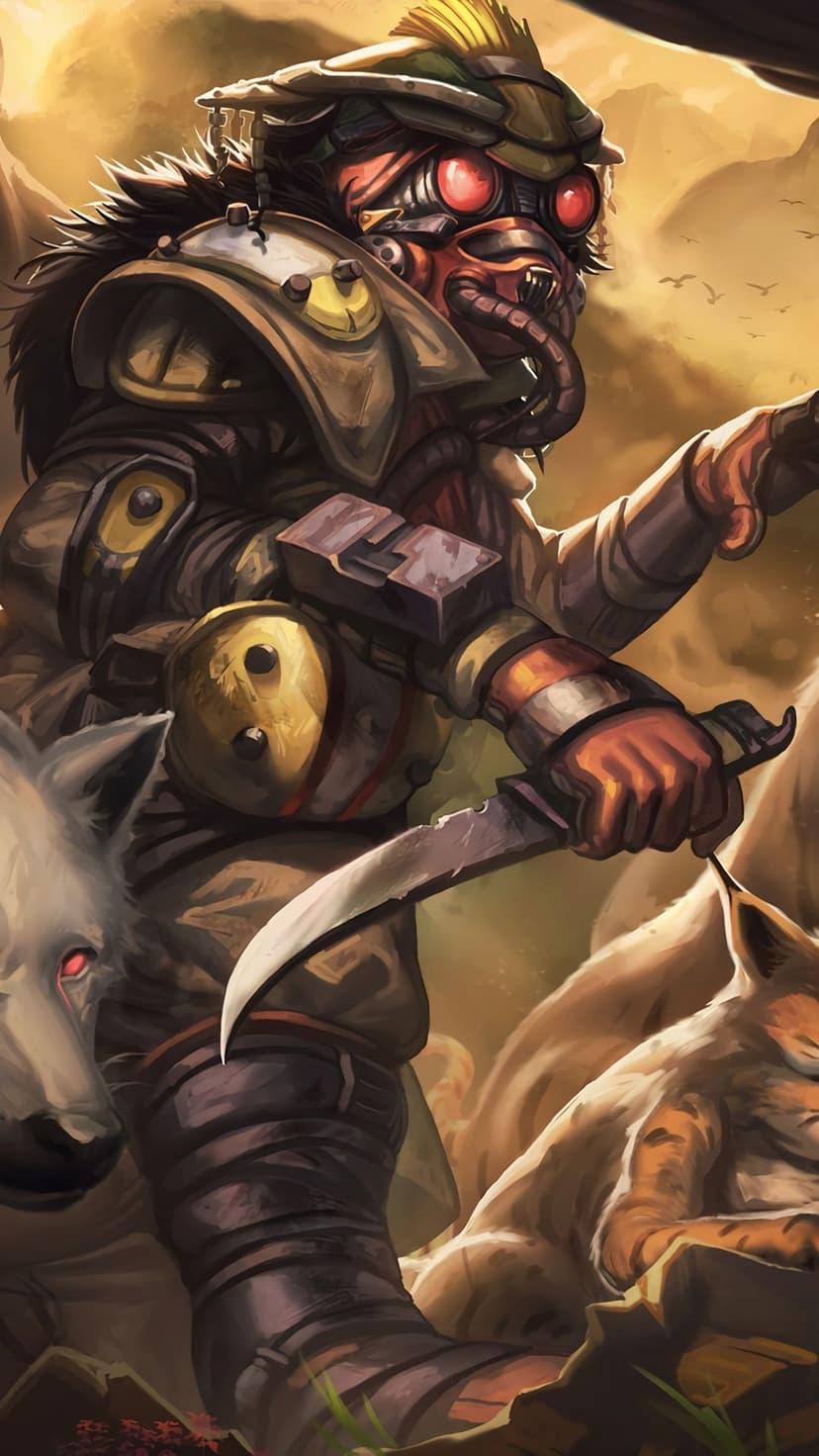 Bloodhound in tactical armor holding a curved knife next to two wolves against a golden desert background.