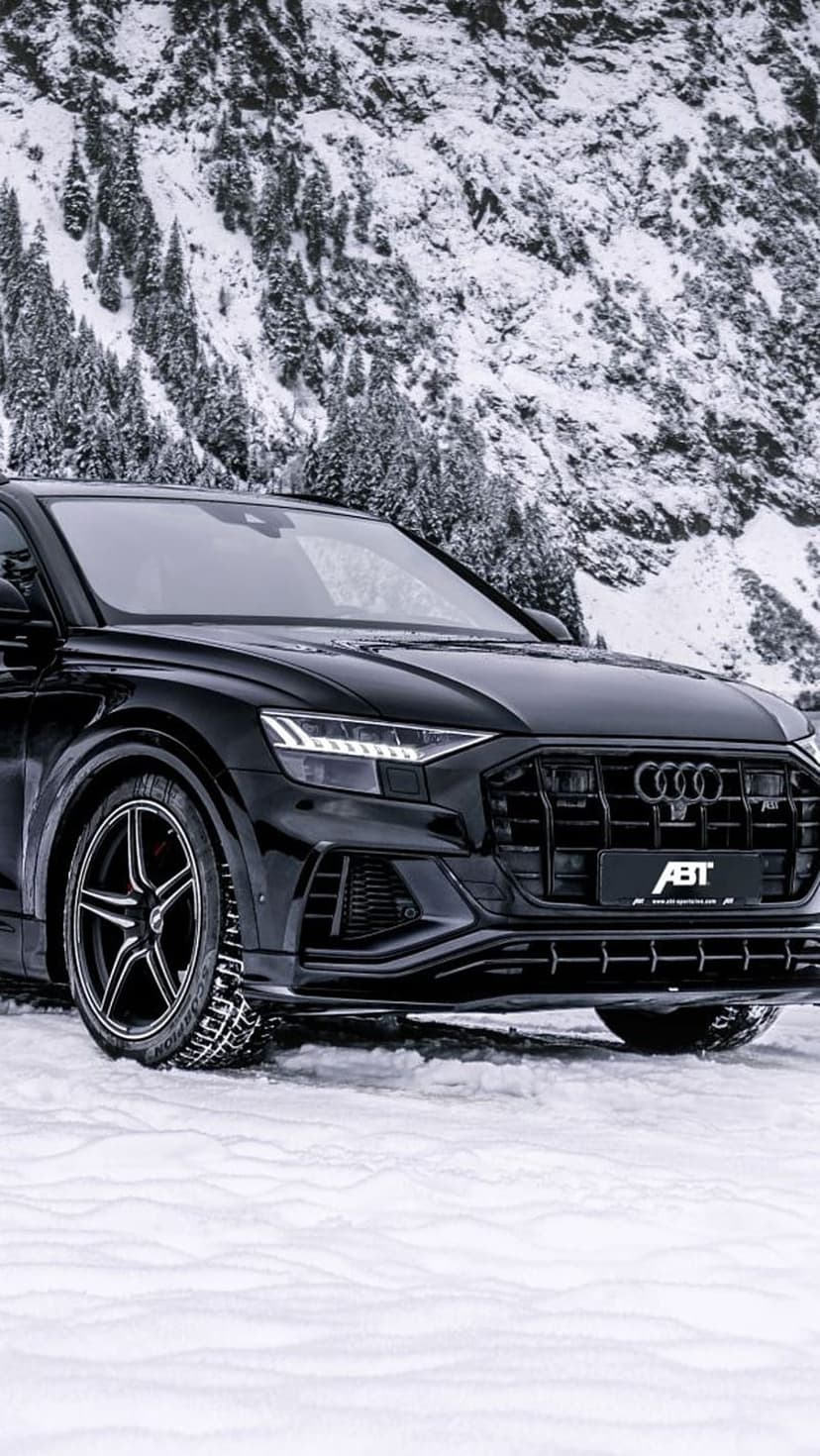 Black Audi RS Q8 ABT parked on a snowy mountain road with frosted pine trees and jagged peaks in the background.